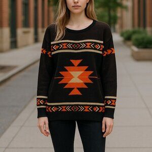 Aztec Sweater Sz Small Black Orange Gold Glitter Pullover Women's Warm